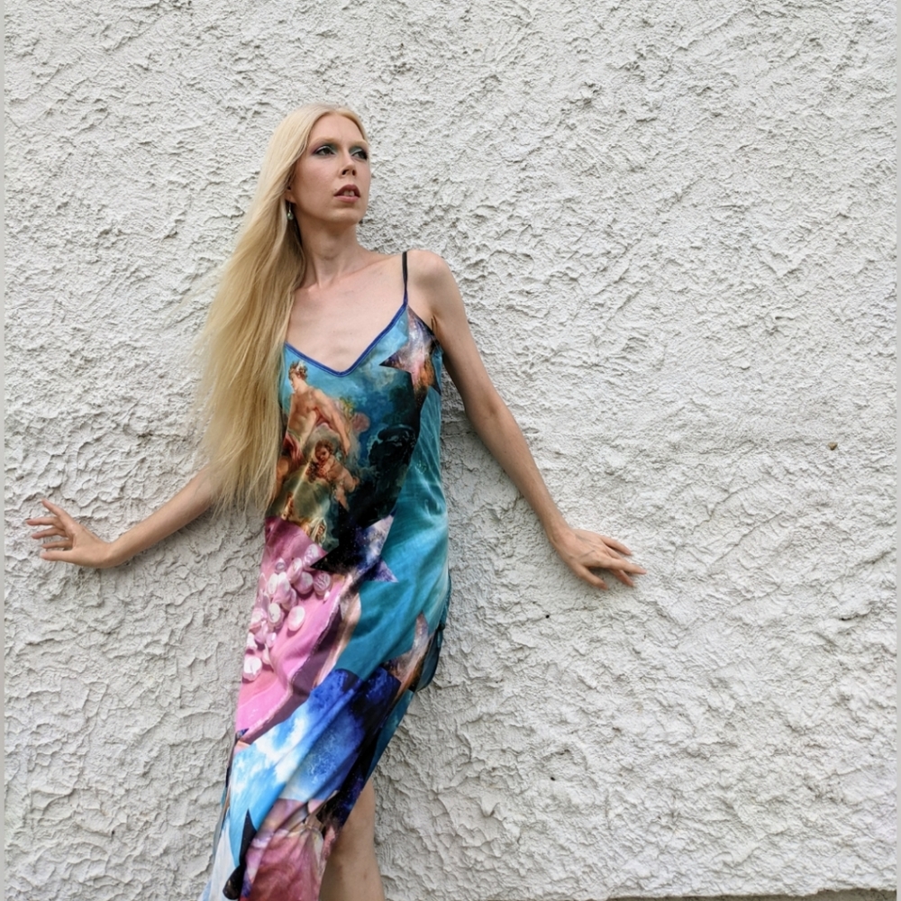 Camille Defago Art Print Slip Maxi Dress M Silk Colorful Festival Unique
